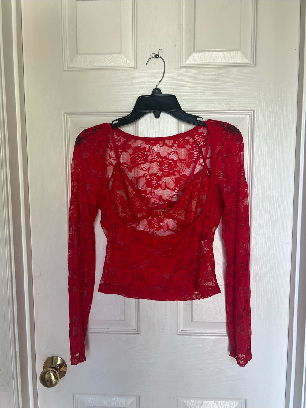 Sheer Red Floral Lace Long Sleeve Top